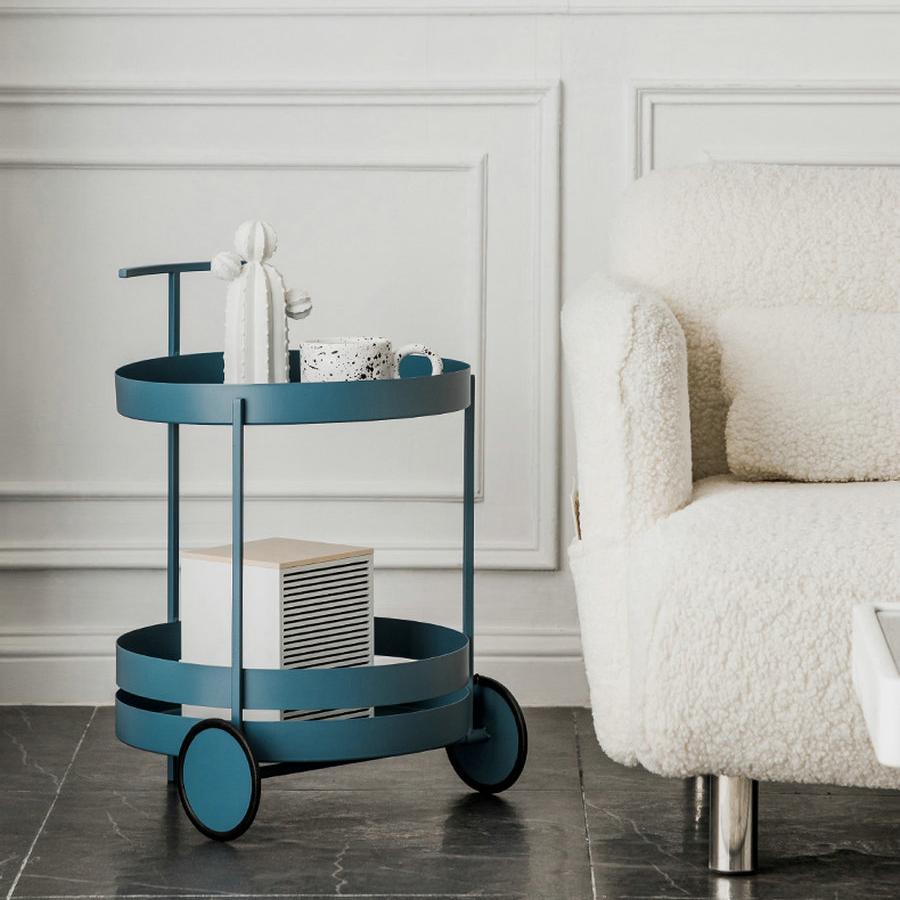 Assembled Round Iron Trolley Side Table with 2 Wheels