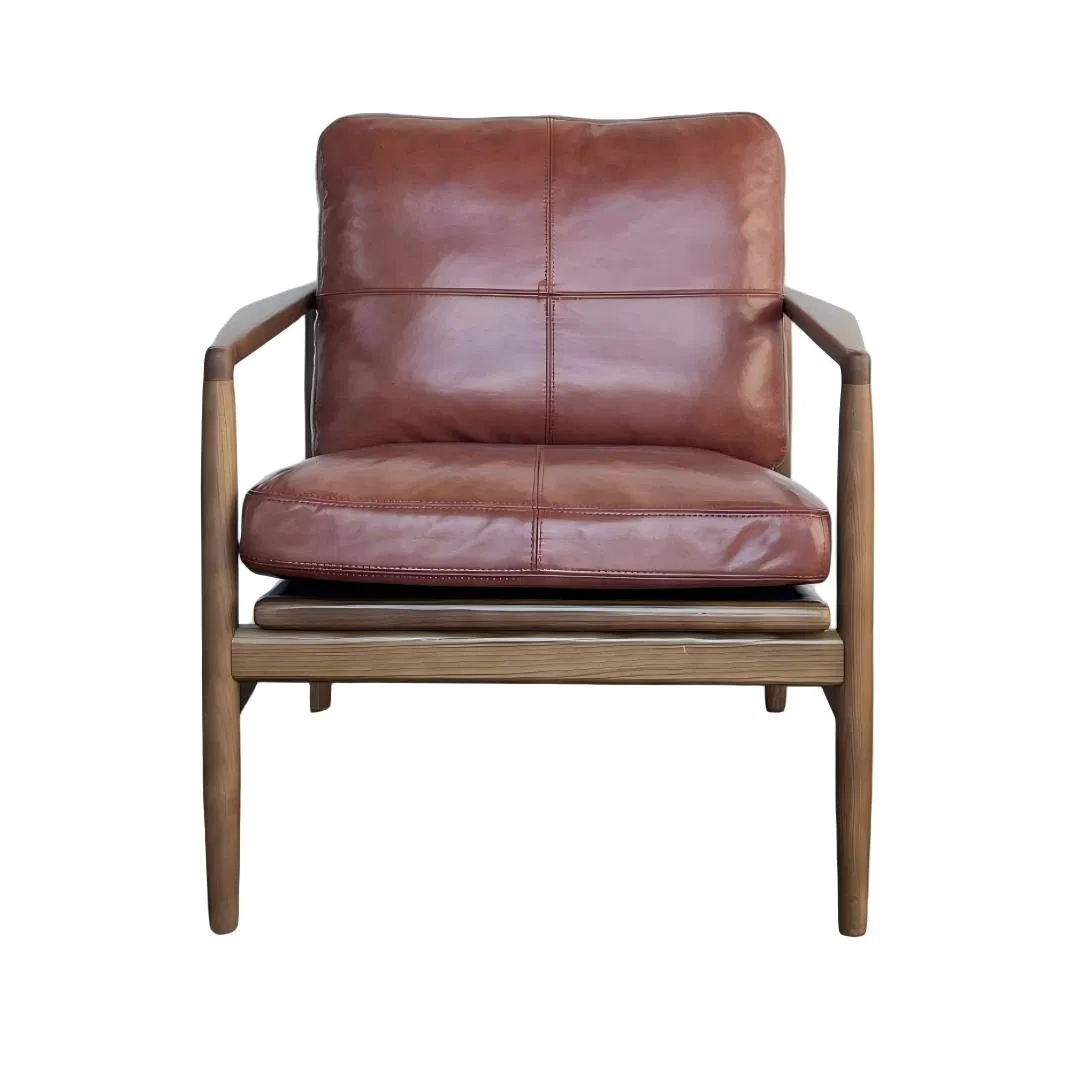 Hank Chair MID-Century Modern Top Grain Leather Armchair Solid Wood Frame Accent Chair for Living Room