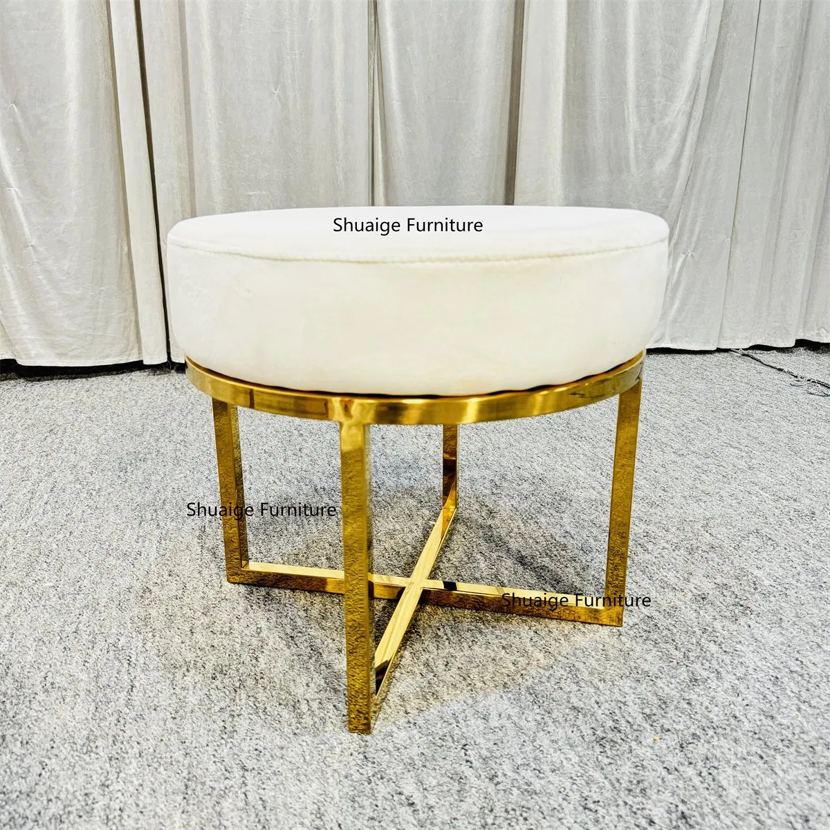 Cheap Make up Stool Gold Stainless Steel Circle Green Velvet Ottoman Stool