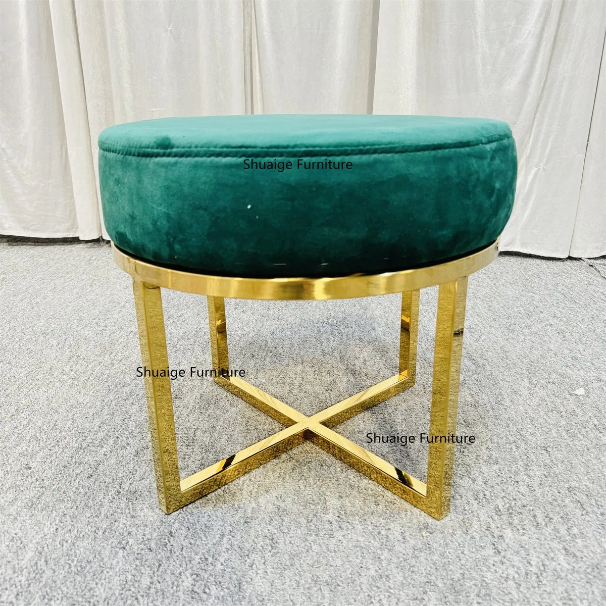 Cheap Make up Stool Gold Stainless Steel Circle Green Velvet Ottoman Stool
