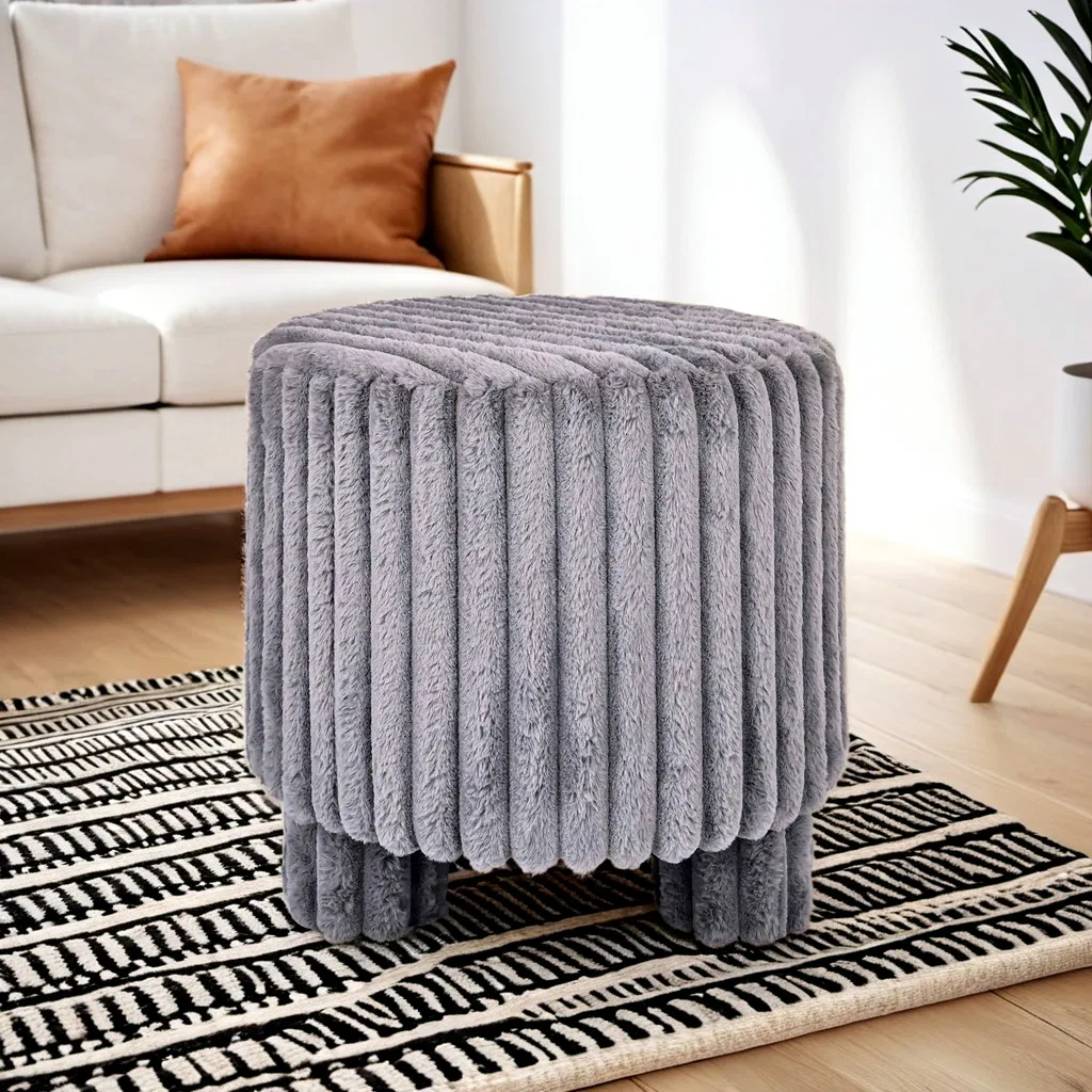 Decorative Ottoman Fashionable Furniture Stools Modern Living Room Pouf Sheepskin Fabric Round Ottoman with Leg