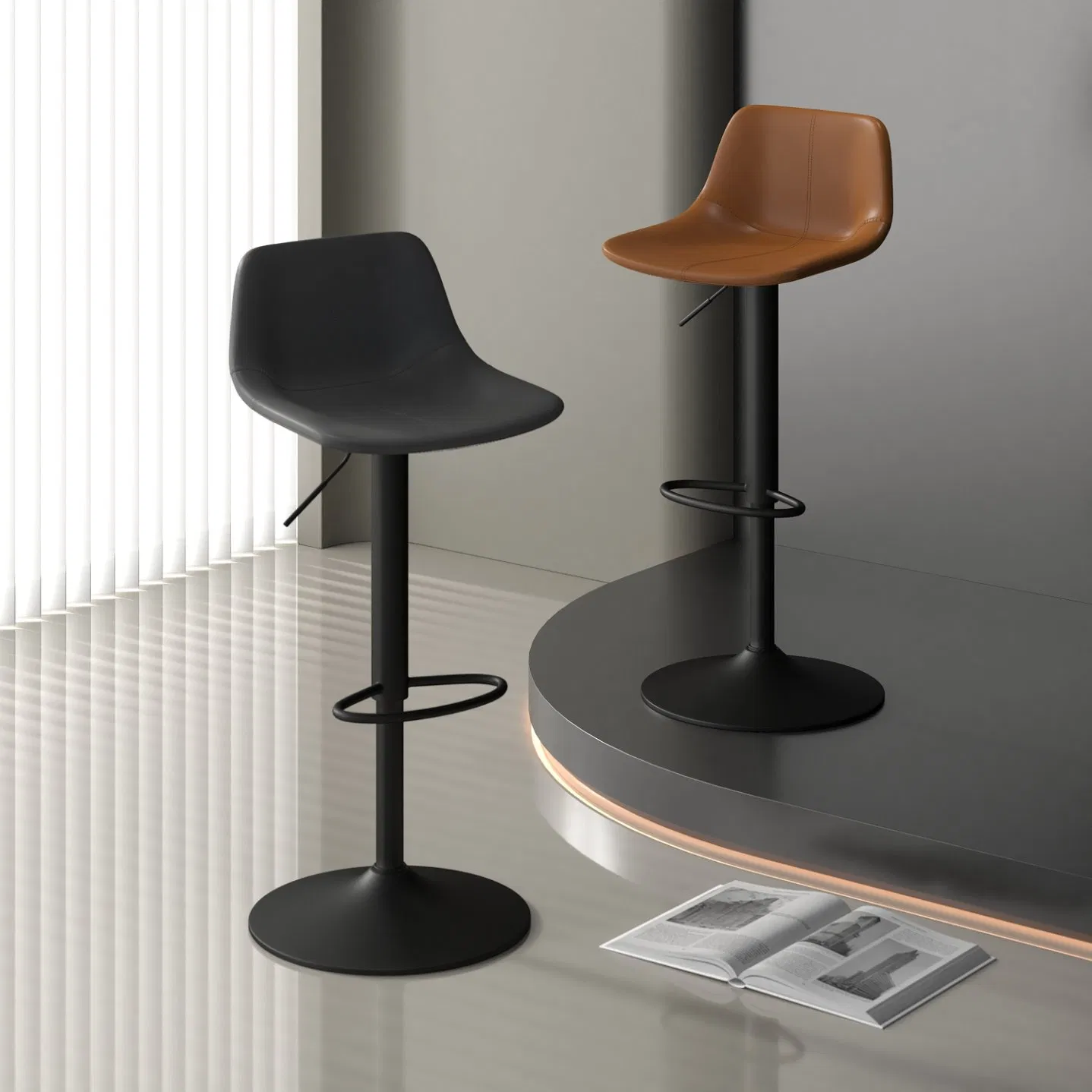 Texture Leather Barstool Low Back Relax &amp; Matte Black Metal Leg Bar Chair and Barstool