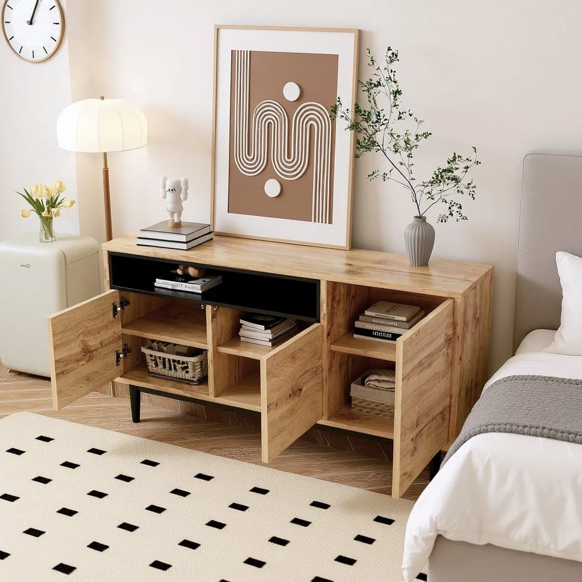 Practical Home Organizer Solid Wood Sideboard with Sliding Door &amp; Multi-Compartment Storage Cabinet for Small Space or Studio Living