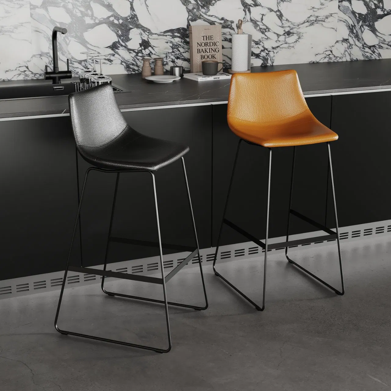 Texture Leather Barstool Low Back Relax &amp; Matte Black Metal Leg Bar Chair and Barstool