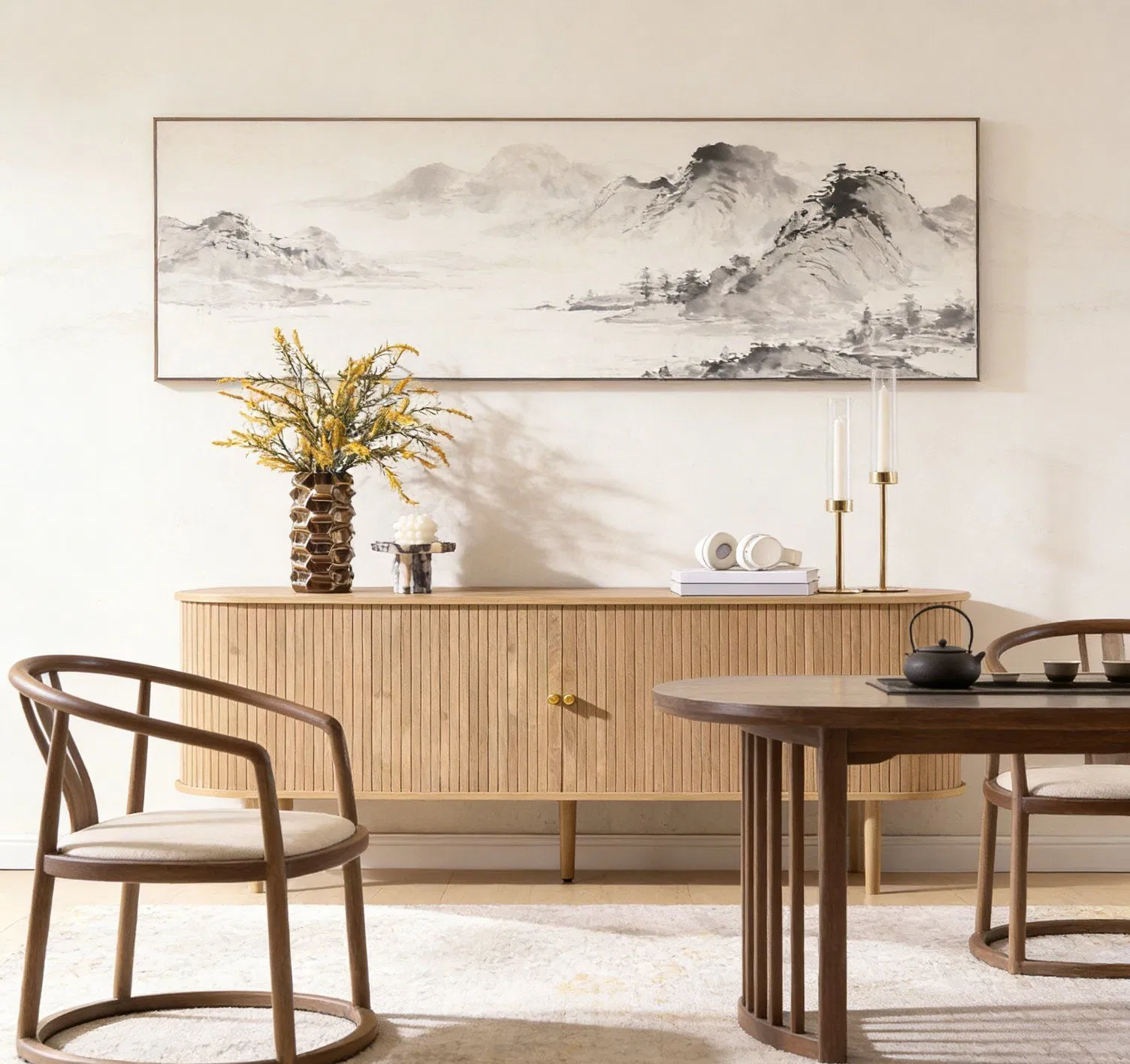 Functional Scandinavian Round Solid Wood TV Stand with 4 Open Shelves and 2 Side Cabinets for Living Room