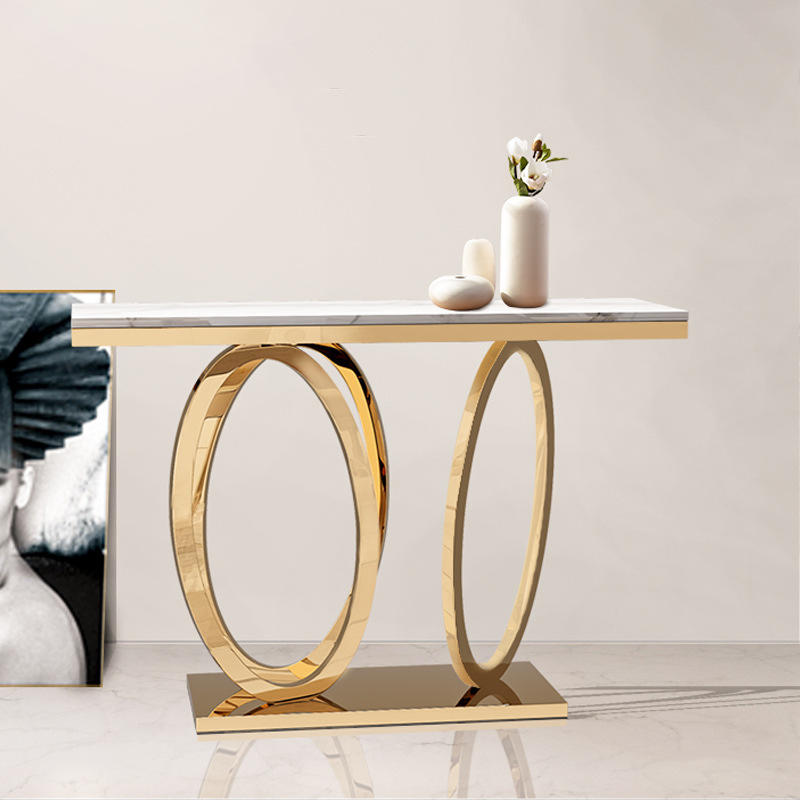Contemporary Living Room Marble Top Console Table with Metal Base