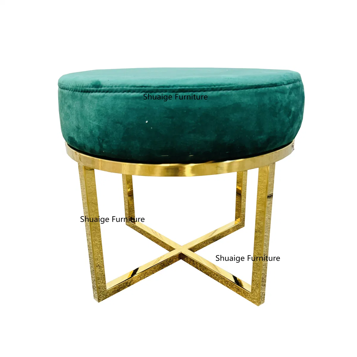 Cheap Make up Stool Gold Stainless Steel Circle Green Velvet Ottoman Stool
