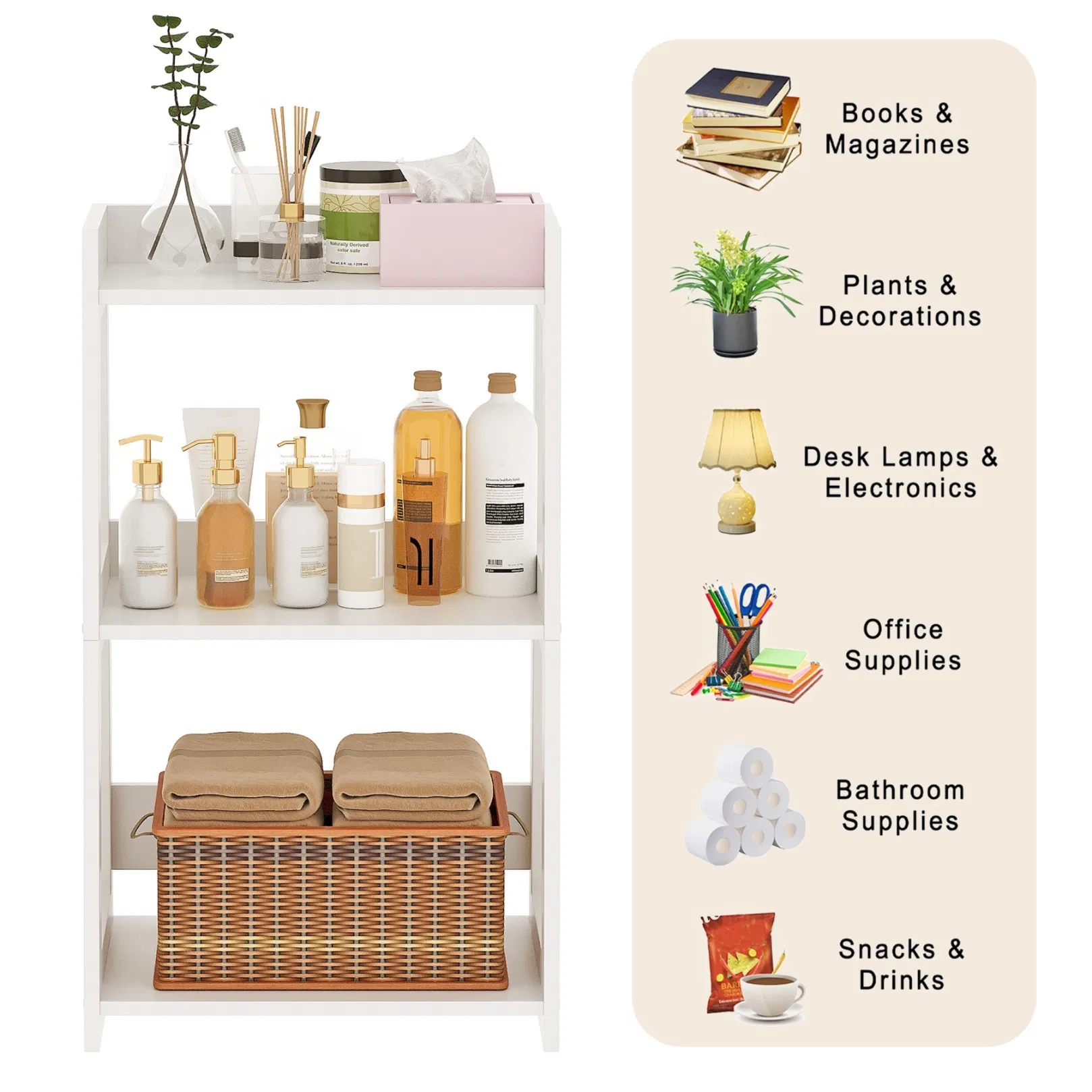 3-Tier White Ladder Shelf Bookshelf Freestanding for Living Room Storage