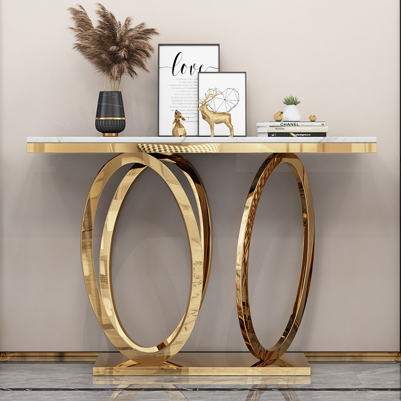 Contemporary Living Room Marble Top Console Table with Metal Base