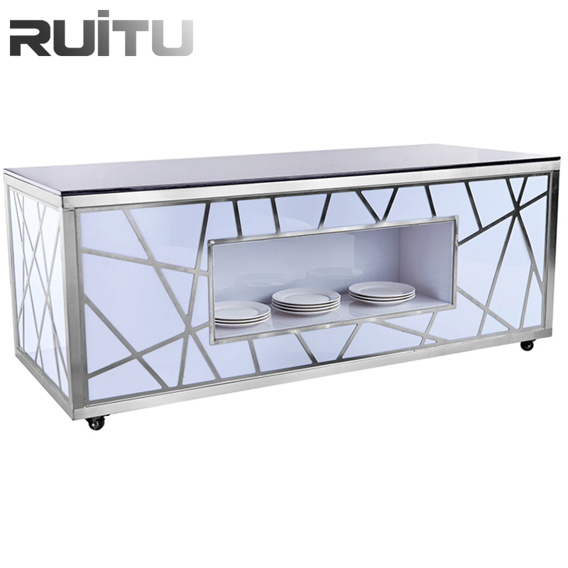 Rectangular Light Wedding Catering Buffet Table Food Warmer Stoves Hotel Restaurant Stainless Steel Luxury Modern Marble Top LED Bar Dining Table with Wheels