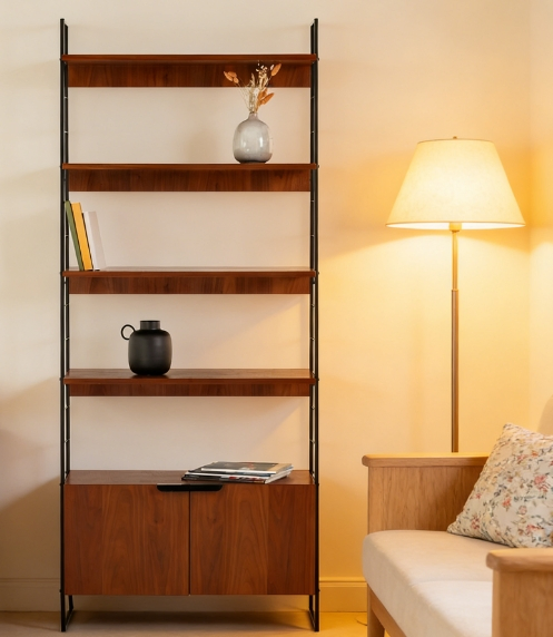 Heavy-Duty Solid Wood Display Cabinet with Metal Legs &amp; Dual Storage (Open + Closed) for Office Storage