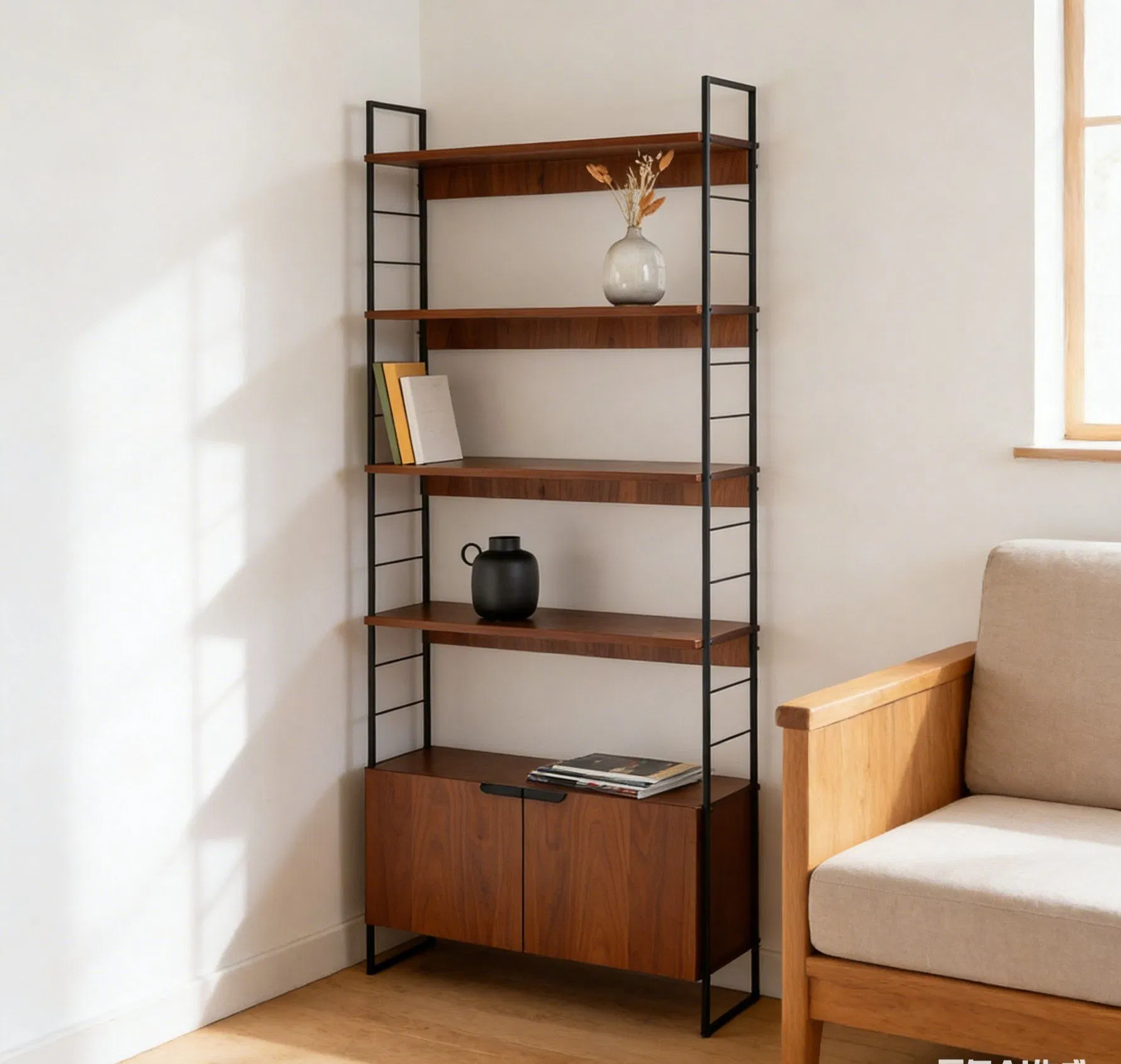 Heavy-Duty Solid Wood Display Cabinet with Metal Legs &amp; Dual Storage (Open + Closed) for Office Storage