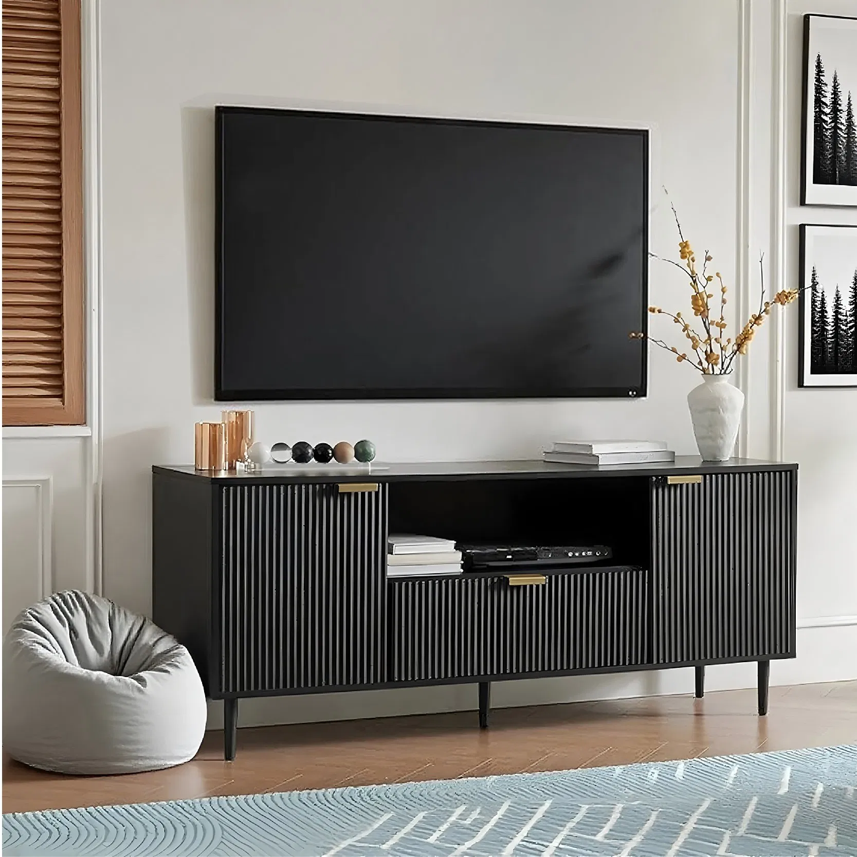 Customizable Modern Wooden Black Living Room TV Stand with Open and Closed Storage