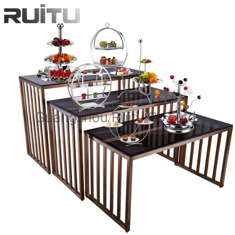 Wedding Party Buffet Catering Solid Wooden Table Top Cupcake Dessert Food Display Rectangular Stainless Steel Restaurant Hotel Banquet Wood Dining Table