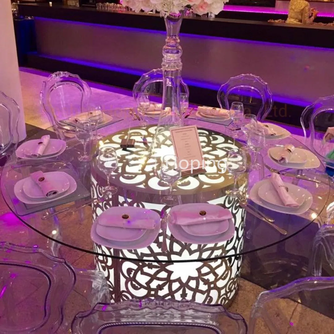Restaurant Furniture Six Seater Dining Table Size Hotel Banquet Round PVC Plastic LED Light Folding Dining Buffet Cake Table for Event Acrylic Dining Table