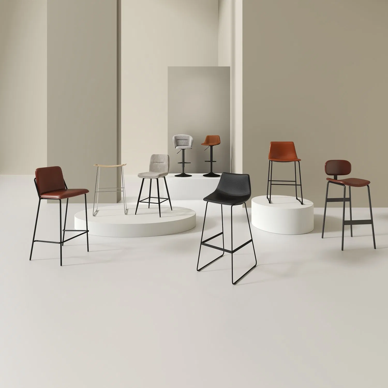 Texture Leather Barstool Low Back Relax &amp; Matte Black Metal Leg Bar Chair and Barstool