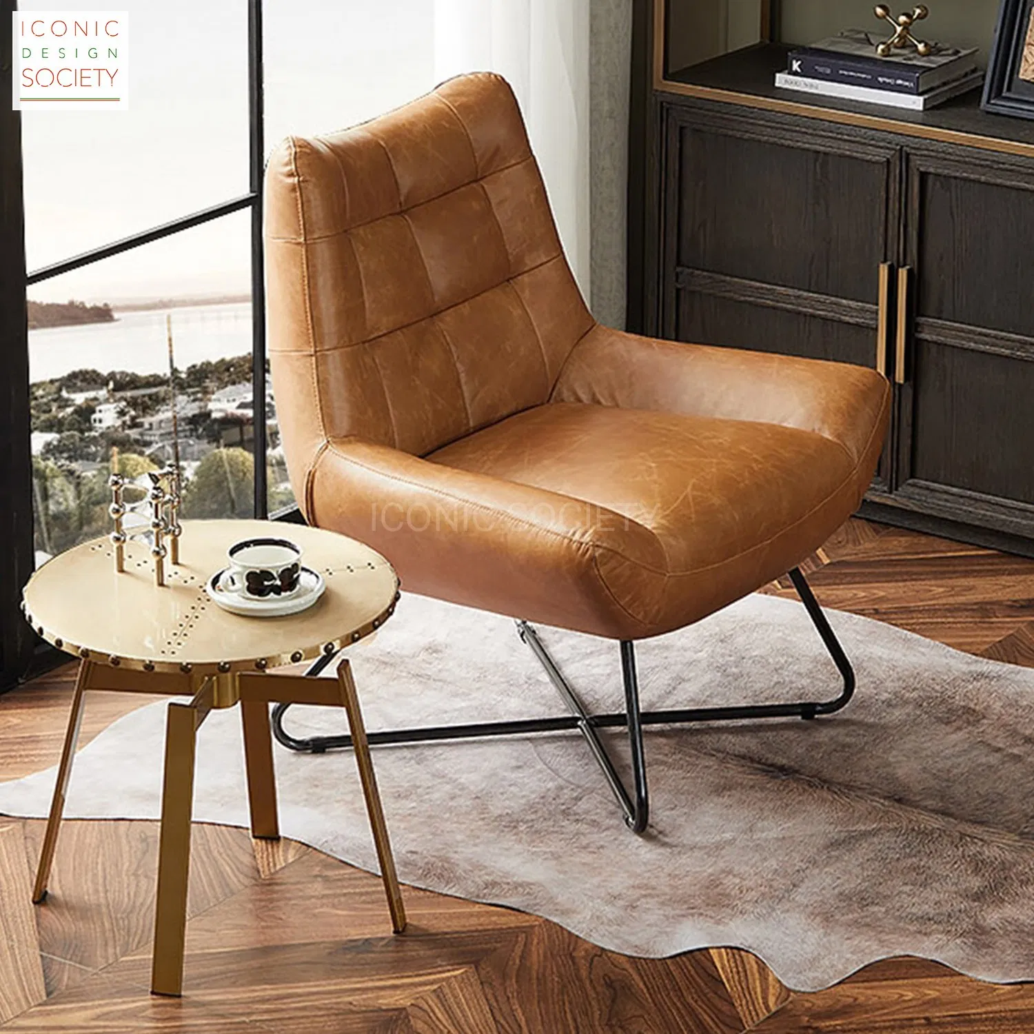 Modern Hotel Furniture Metal Handmade Lounge Leisure Genuine Leather Patio Accent Chair