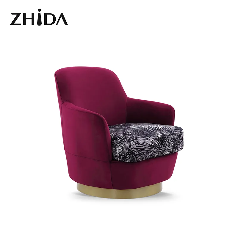 Zhida Italian Design Luxury Style Home Furniture Wholesale Living Room Velvet Accent Chair Bedroom Gold Base Fabric Armchair Leisure Round Chair for Villa