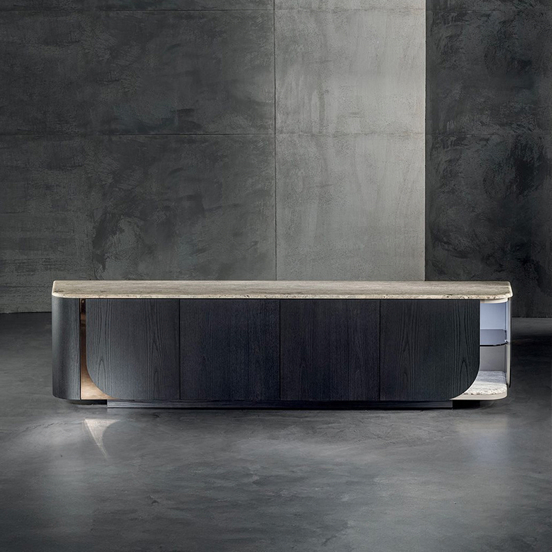 Luxury Curved Edge Sideboard Dark Wood Marble Top Dual-Tone Modern Living Spaces