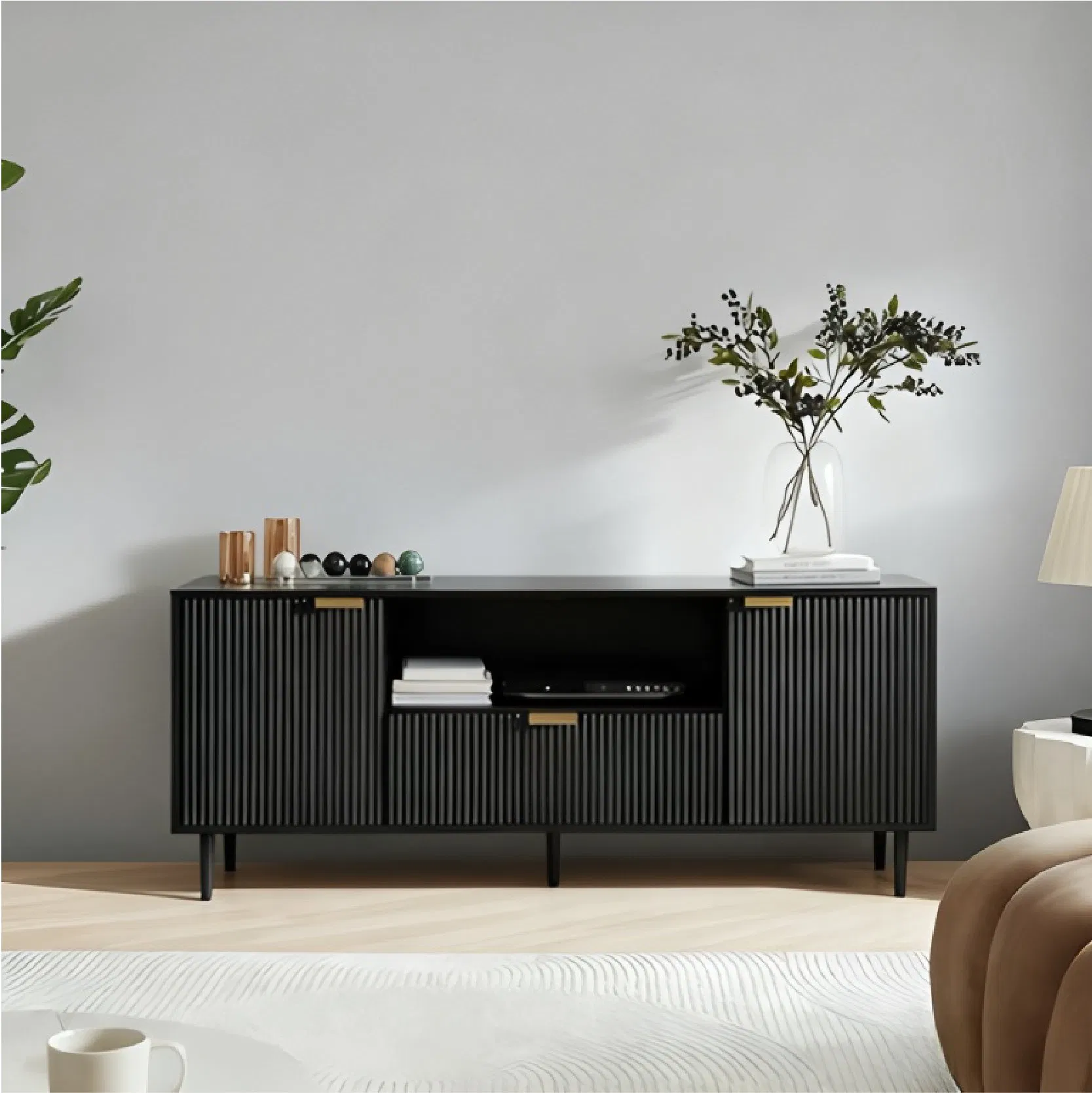 Customizable Modern Wooden Black Living Room TV Stand with Open and Closed Storage