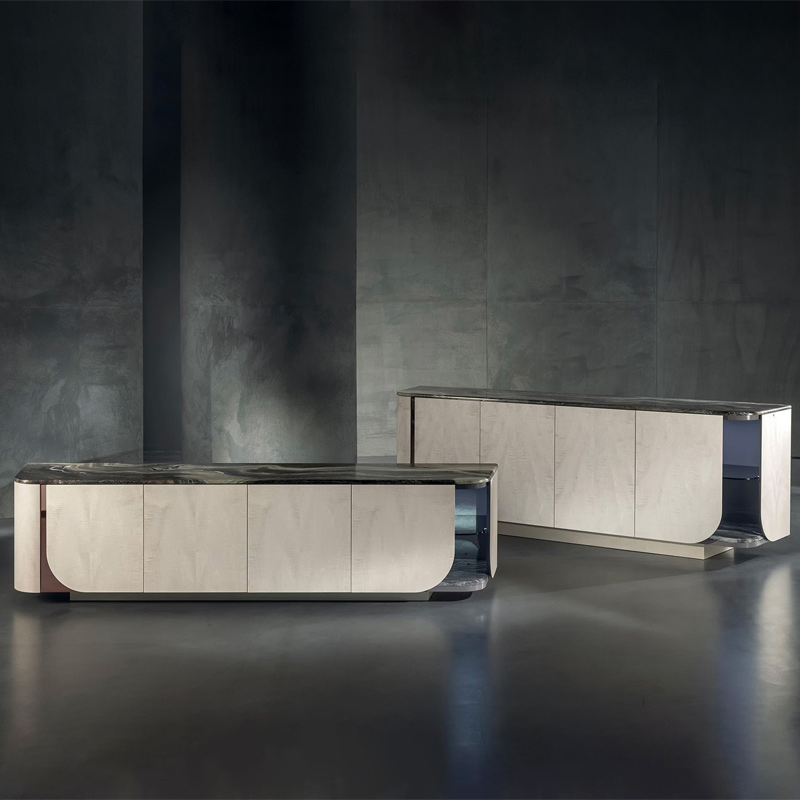 Luxury Curved Edge Sideboard Dark Wood Marble Top Dual-Tone Modern Living Spaces