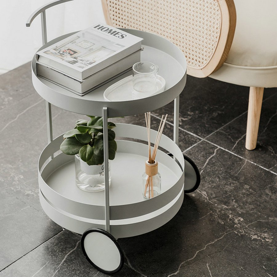 Assembled Round Iron Trolley Side Table with 2 Wheels