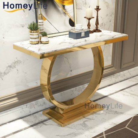 Contemporary Living Room Marble Top Console Table with Metal Base