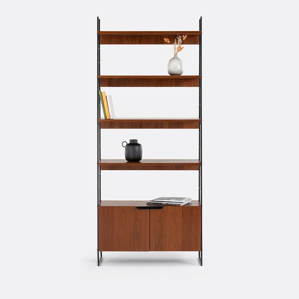 Heavy-Duty Solid Wood Display Cabinet with Metal Legs &amp; Dual Storage (Open + Closed) for Office Storage