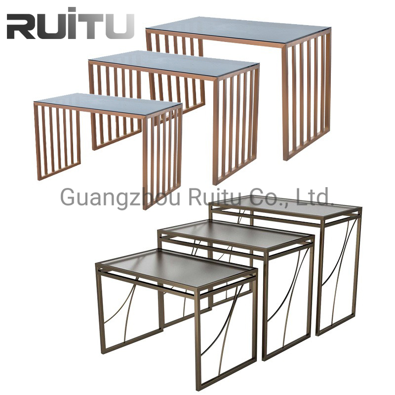 Event Decoration Wedding Materials Rectangle Stainless Steel Cheap Banquet Dining Tempered Glass Top Buffet Catering Centre Food Dessert Display Stand Tables