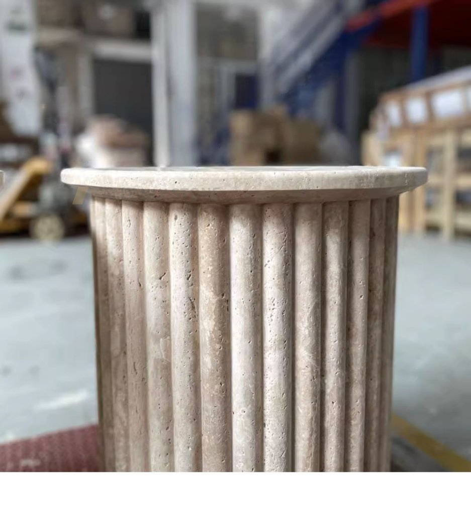Natural Marble Side Table Stone Tea Table Home Decor Furniture Italian Round Center Table Travertine Coffee Table Fluted Travertine Side Table