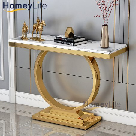 Contemporary Living Room Marble Top Console Table with Metal Base