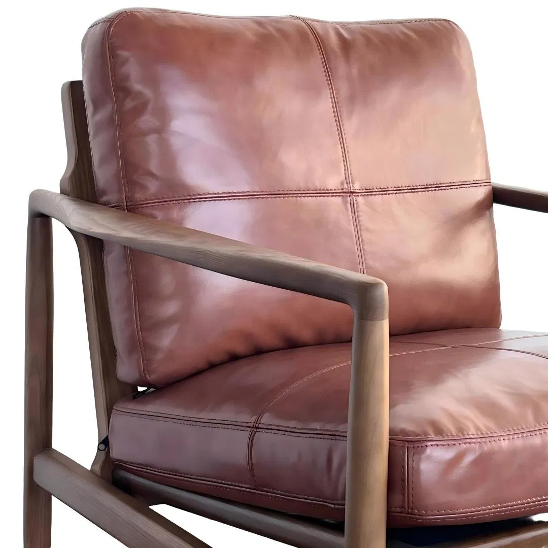 Hank Chair MID-Century Modern Top Grain Leather Armchair Solid Wood Frame Accent Chair for Living Room