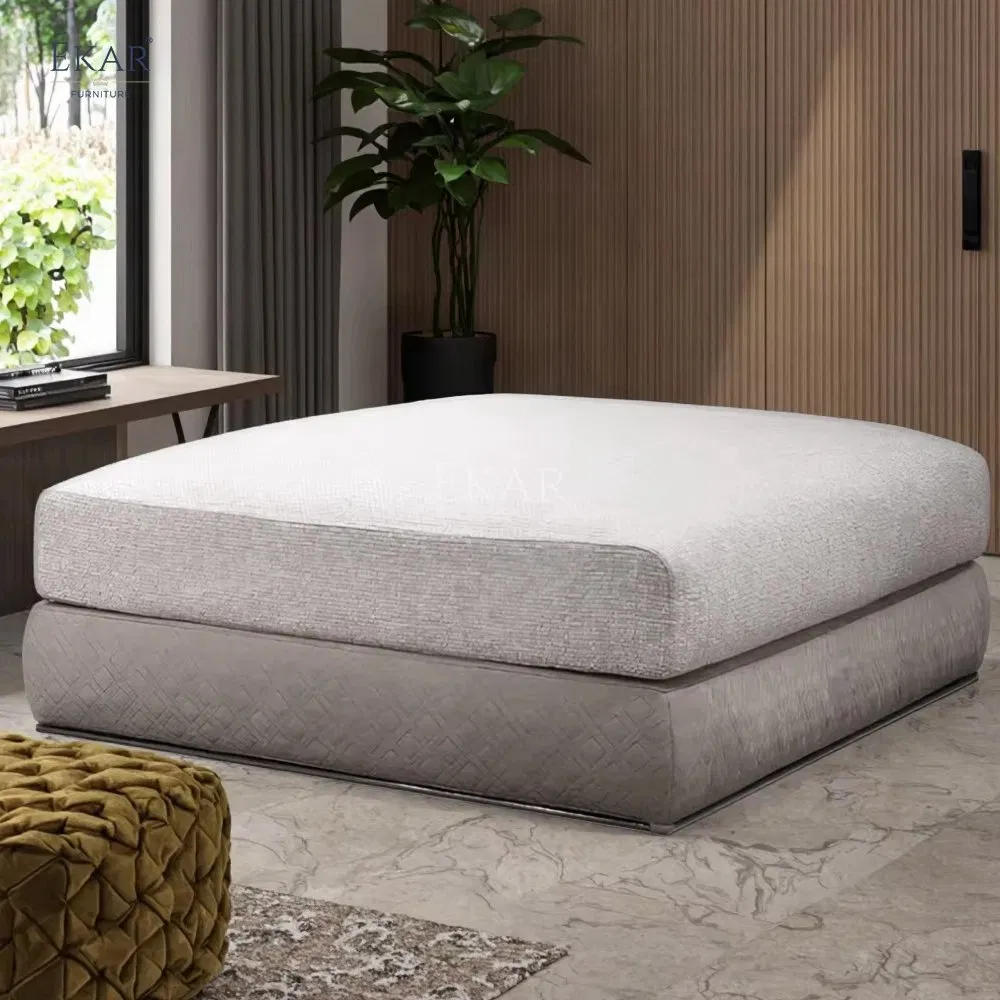 Modern Square Ottoman with Upholstered Top and Wooden Legs