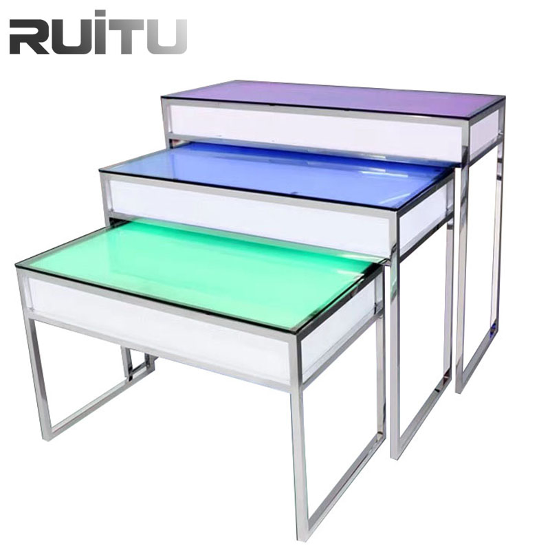 Rectangular Light Wedding Catering Buffet Table Food Warmer Stoves Hotel Restaurant Stainless Steel Luxury Modern Marble Top LED Bar Dining Table with Wheels