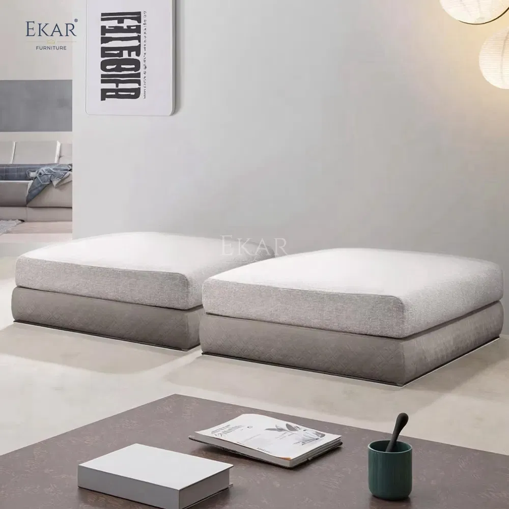 Modern Square Ottoman with Upholstered Top and Wooden Legs