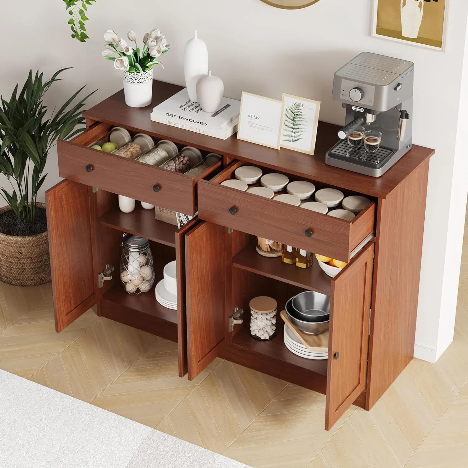 Home &amp; Dining Multi-Color Sideboard with 2 Drawers, 2.5-Inch Adjustable Shelves and Spacious Storage