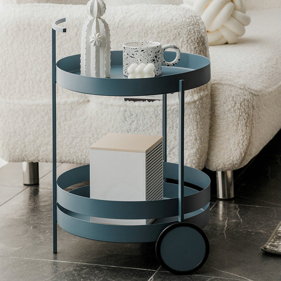 Assembled Round Iron Trolley Side Table with 2 Wheels