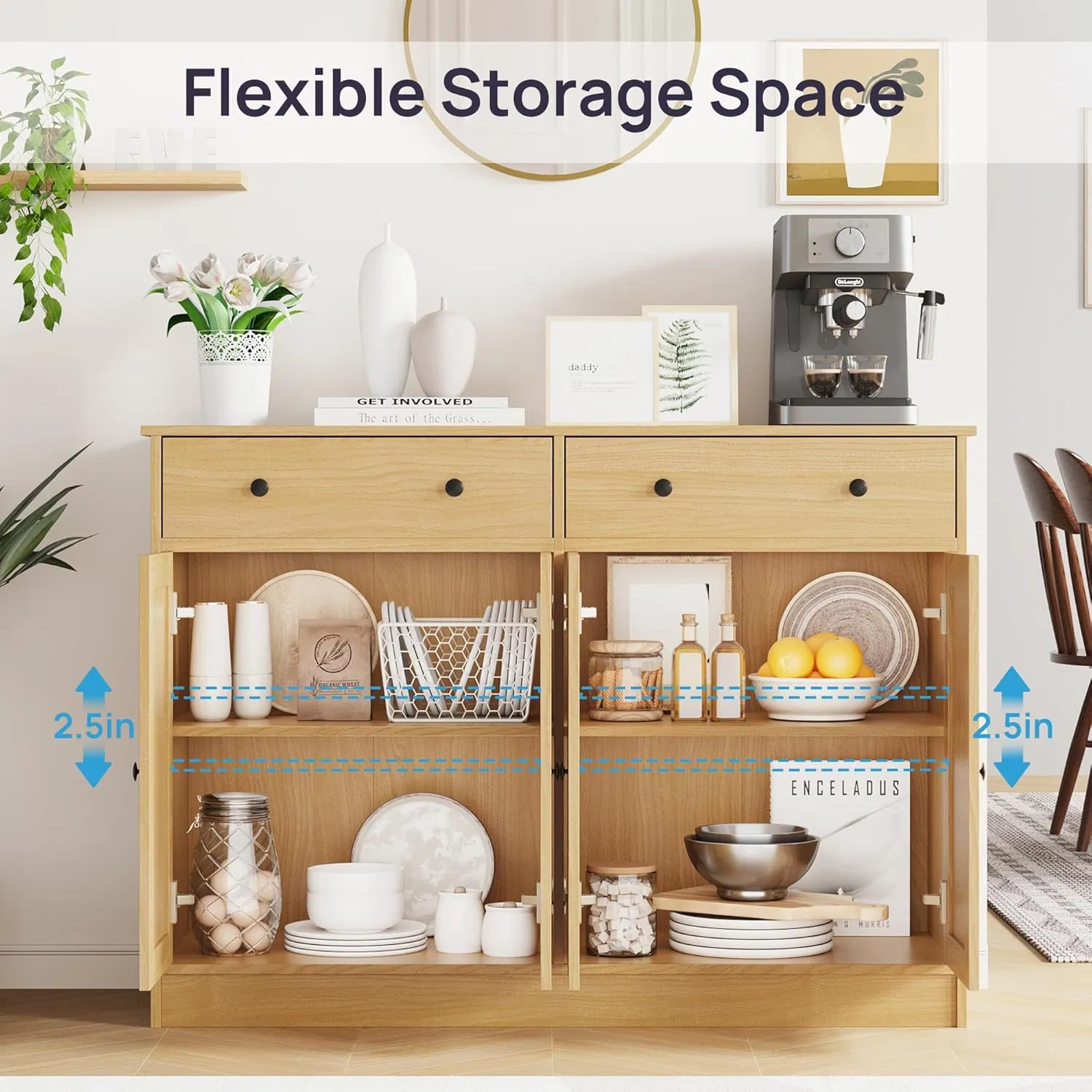 Home &amp; Dining Multi-Color Sideboard with 2 Drawers, 2.5-Inch Adjustable Shelves and Spacious Storage