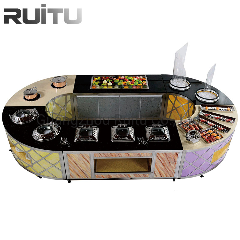 Buffet Cafeteria Counter Station LED Banquet Dining Table with Wheels Removable Steam Table Set Buffet Food Warmer Marble Hotel Restaurant Catering Buffet Table