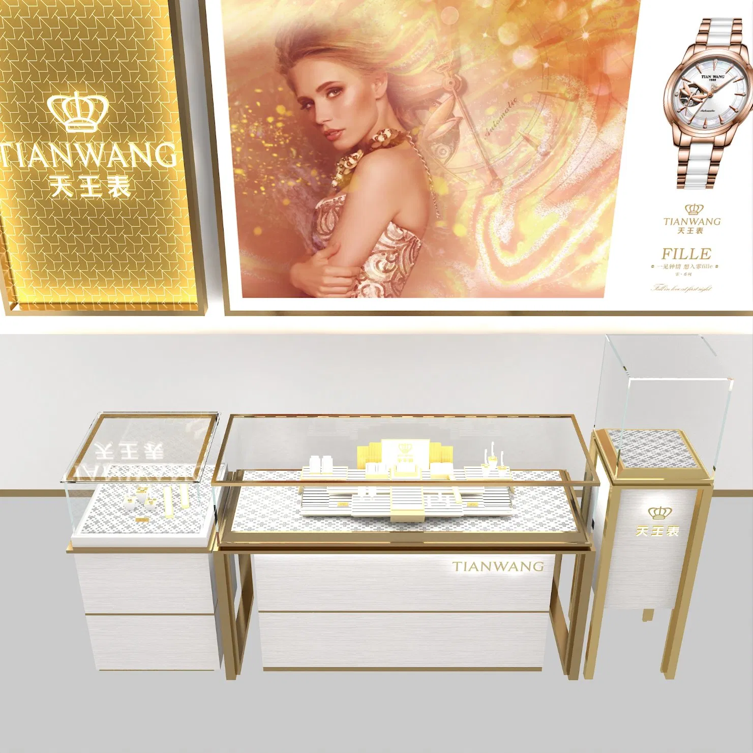 Customized Luxury Wrist Watch Wall Stand Watch Showroom Display Cabinet
