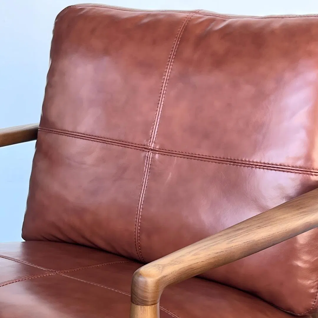 Hank Chair MID-Century Modern Top Grain Leather Armchair Solid Wood Frame Accent Chair for Living Room