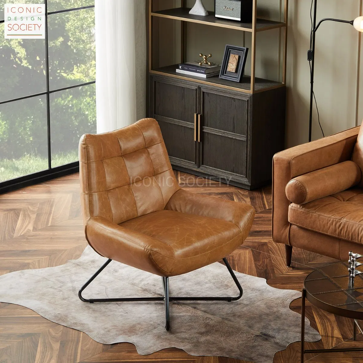 Modern Hotel Furniture Metal Handmade Lounge Leisure Genuine Leather Patio Accent Chair