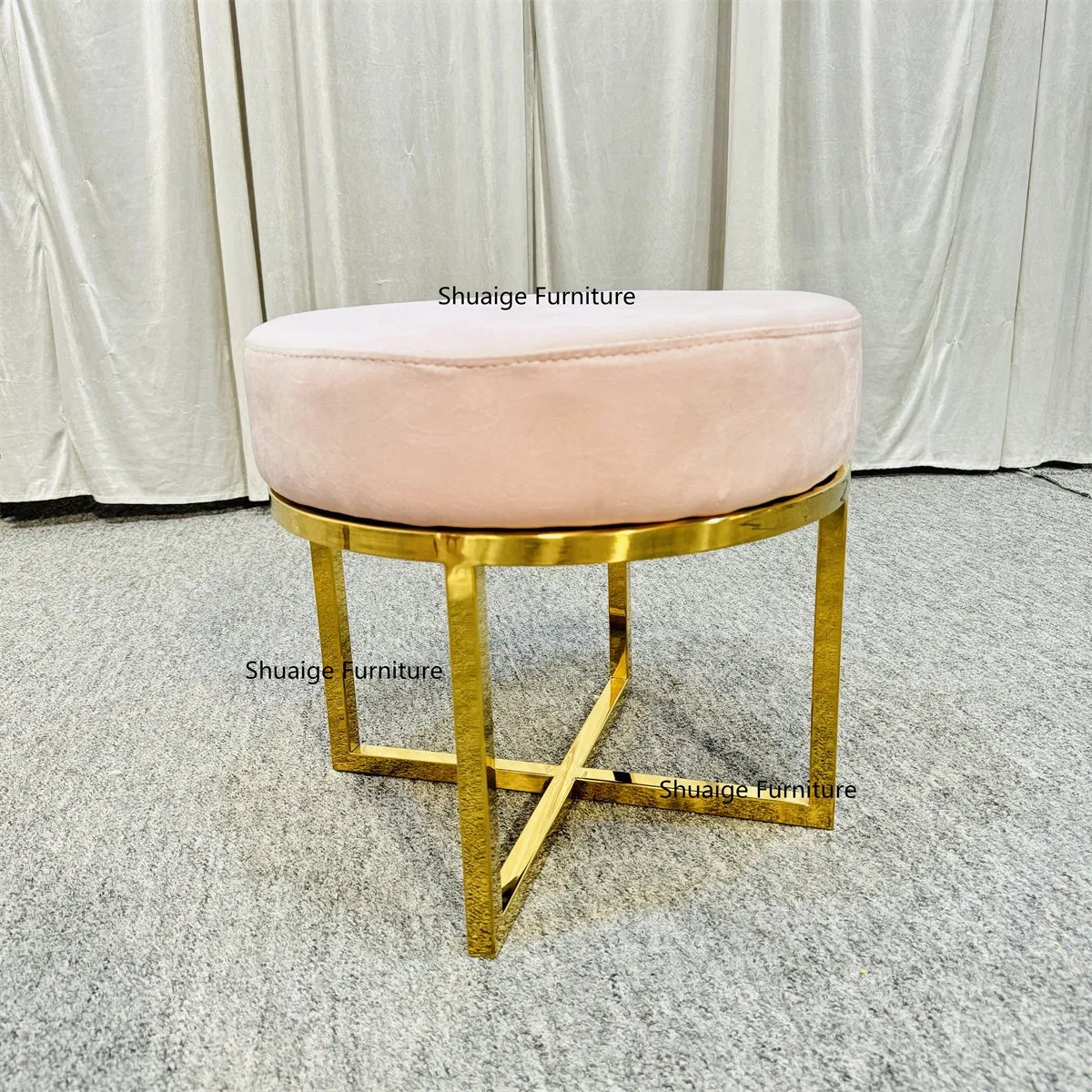 Cheap Make up Stool Gold Stainless Steel Circle Green Velvet Ottoman Stool