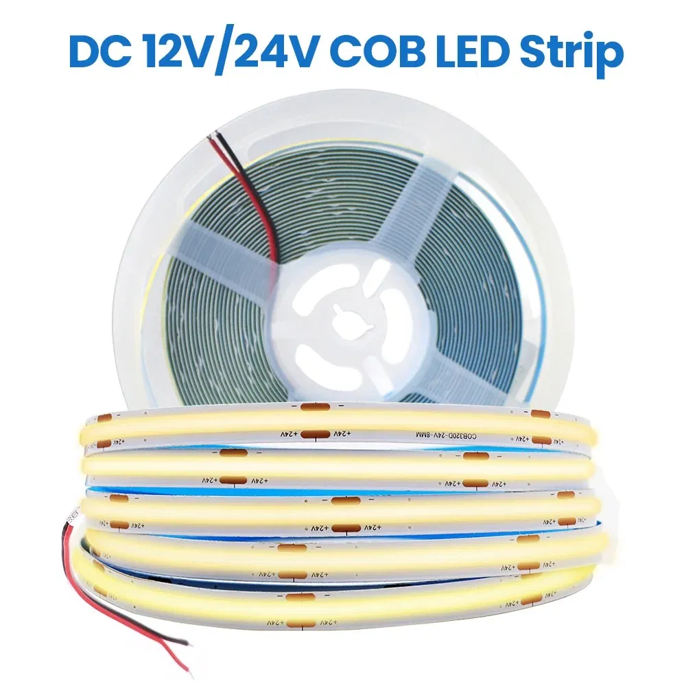 12V 24V COB Strip Light 8mm 320ledsm High Density Linear Lighting 5m 10m Flexible Ribbon Rope LED Tape Strip for Room Decoration
