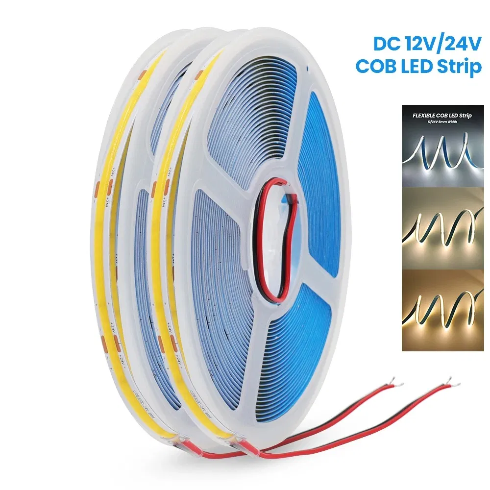 12V 24V COB Strip Light 8mm 320ledsm High Density Linear Lighting 5m 10m Flexible Ribbon Rope LED Tape Strip for Room Decoration