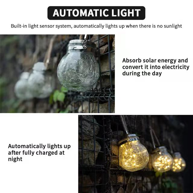 Outdoor Hanging Solar Light 20 LED Glass Jar Light Waterproof Crack Glass Globe Garden Light