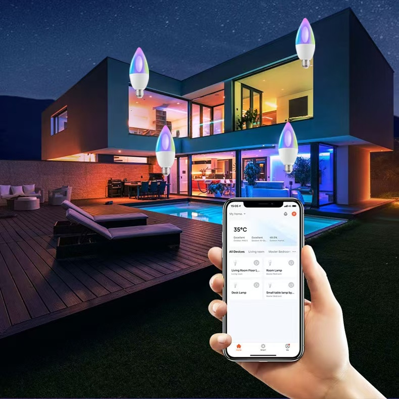 Tuya Candle Light Bulb Wi-Fi Smart Light Bulb RGB+Cw LED AC 5W