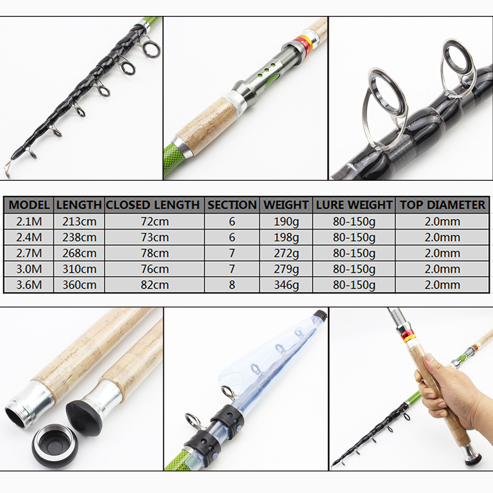 Freshwater&Saltwater 2.1m-3.6m Hard Action Body Telescopic Rod Carbon Fiber Spinning Rod for Bass Trout Catfish Fishing
