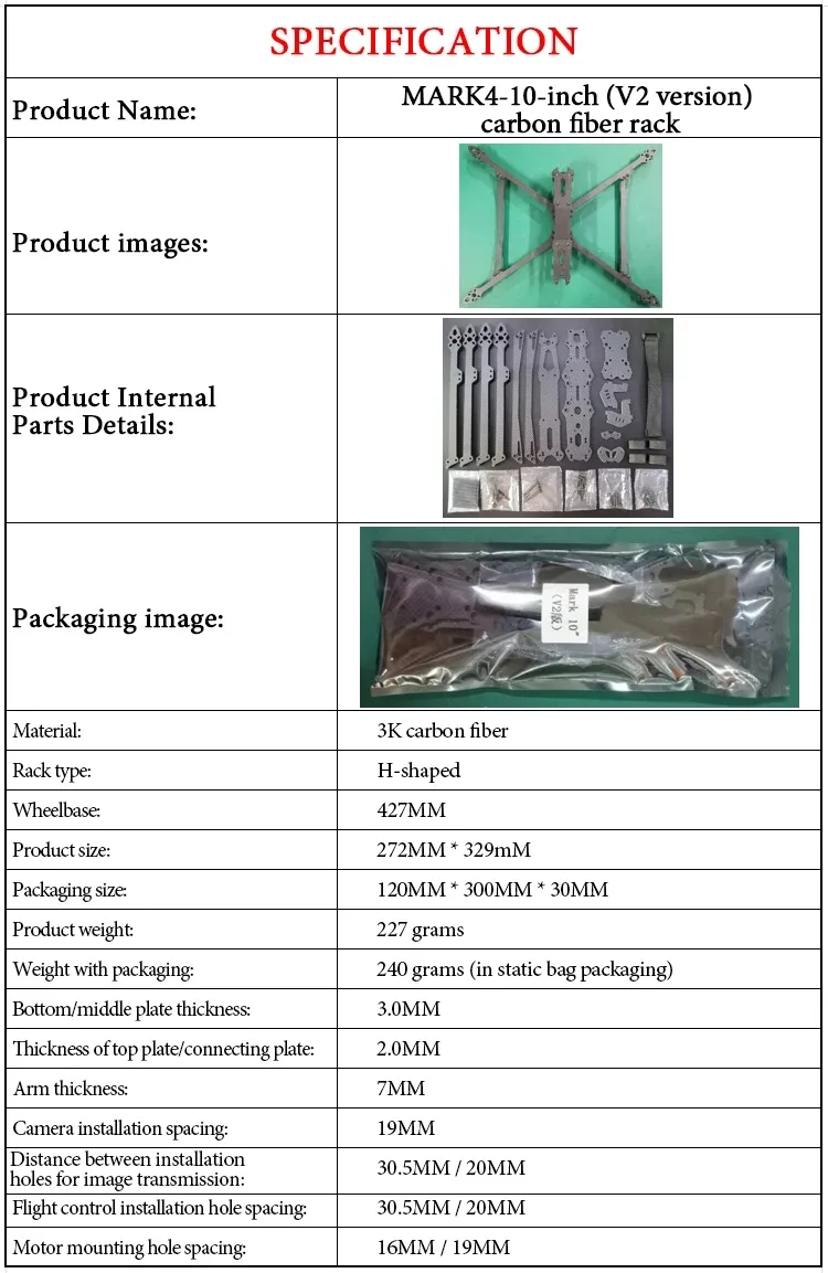 Thickness 7mm Mark4 10-Inch Fpv Uav Carbon Fiber Frame Kit