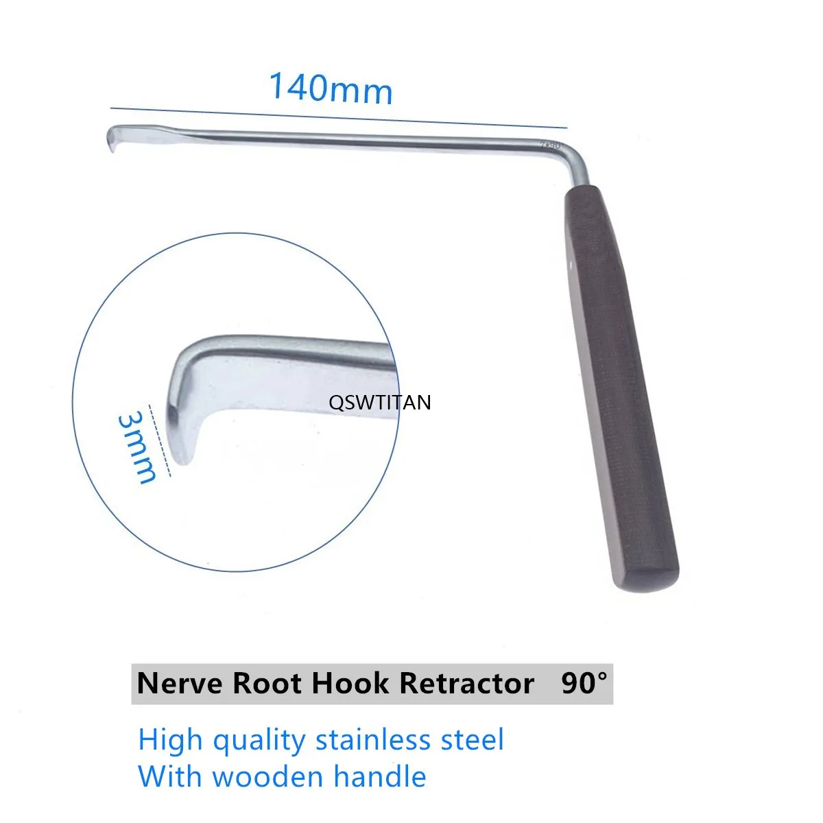 Nerve Root Hook Retractor Stainless Steel Nerve Pull Hook with Wooden Handle Brain Bone Retractor